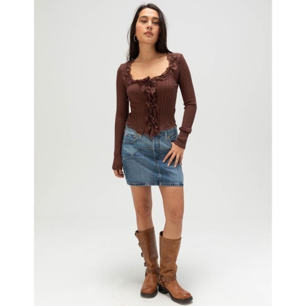 Brown Ruffled Ribbed Long-Sleeve Cardigan